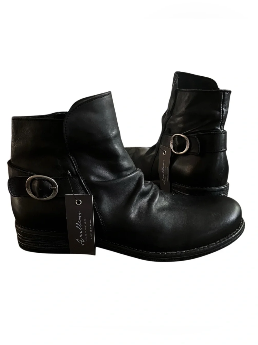 Avellini Black Leather Ankle Boots with Buckle Detail Sz 9.5
